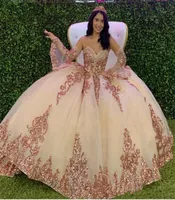 Rose Gold Sparkly Quinceanera Prom Dresses 2020 Modern Sweetheart Lace equins requins ball tulle tulle vintage party swee8990219