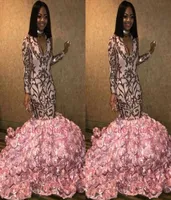 New Pink Lace Mermaid Long Prom Dresses 2019 Long Sleeves V Neck 3D Floral Floor Length Evening Party Gowns BC13632664038
