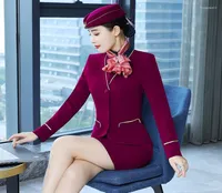 Two Piece Dress Spring Autumn Purple Blazer Set With Skirt Office Suits For Women Airline Stewardess Uniform Work Outfit Elegant 23865767