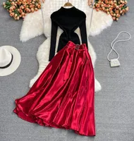 Automne Winter Vintage Women Dress Party Two Piece Set Black Tricoted Tops High Taist Satin Jirt Suits Femelle Fashion9431598