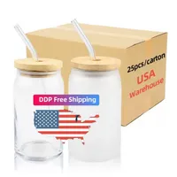 US Stock Sublimation Glass Beer Muffen met bamboe deksel stro Diy lege plekken Frosted Clear Can Tumblers Cups Heat Transfer Cocktail Iced Coffee Soda Whisky SS1121