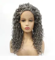 Afro Kinky Curly Synthetic Lacefront peruca escura simulação cinza