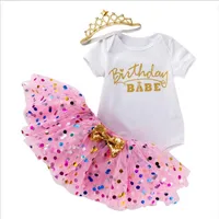 New Baby Girl Set 3pcs Letter Print Romper Top Dotted Tutu Skirt and Crown Headband Clothes Outfit for First Birthday295x