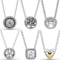 Double Halo Domed Golden Heart Classic Elegance Tree of Life Collier Necklace for Pandora 925 Sterling Silver Bead Charm Jewelry279G