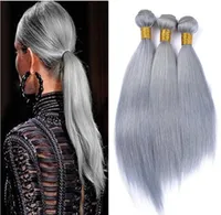 Virgin Brazilian Silver Grey Human Hair Extensions 3Pcs Silky Straight Virgin Remy Hair Weaves Pure Grey Color Human Hair Bundles 1333188