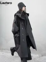 Women's Trench Coats Lautaro Spring Autumn Long Oversized Black Coat with Hood Dark Academia Aesthetic Luxury Designer Clothes for Women 221119