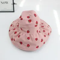 Hats Pink Cute Summer Sun Hat Girls Strawberry Print Cotton Beach Children Hollow Empty Top Foldable Panama Caps Kids
