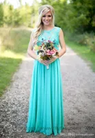 Nuevos vestidos de dama de honor azules de chifón longitudes de piso Vestidos de novios largos sin respaldo para boda BA15133984484