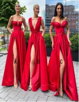 Sexy High Slit Red Bridesmaid Dresses Square Spaghetti Strap Pocket A Línea 2021 Vestido de fiesta de bodas de mujer 4666021