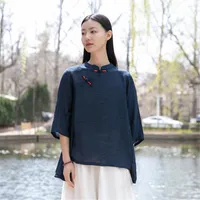 Ethnic Clothing Shanghai Story Chinese Blouse 3 4 Sleeve Shirts Tops Cotton Linen Qipao Frogs Casual T-Shirt For Women