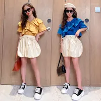 Clothing Sets Summer Girls Suits Fashion Short Sleeve Bloomers Two Pieces Suit For Kids Teen Blue Yellow Children 13 14 Y