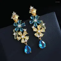 Dangle Earrings Exquisite Yellow And Blue Cubic Zirconia Flower Cluster Luxury Bohemia Long For Women Wedding Party Jewelry