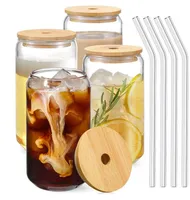 US Stock 16oz sublimation en verre tasse de bi￨re de verre en forme de verre en forme de verre ￠ boisson ￠ boire avec couvercle en bambou et paille r￩utilisable