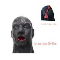 3D Latex Hood Rubber Mask Closed Eyes Fetish with Red Mouth Gag Plug Sheath Tongue Nose Tube Long and Short for Men 220715316J