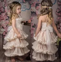 Blush Pink Boho Flower Girl Dresses Tiered Tulle Tulle Tulle Spaghetti Straps Party Pageants Wear مع Big Bow Back6056591