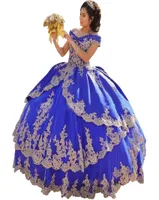2022 Royal Blue Gold Applique Quinceanera Dresses Ball Hown Pufpy Off The Alwem для женщин Laceup Sweet 16 Prom Girls3112856