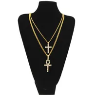 Gold Silver egipcio ANKH con collar cruzado Set Bling Rhinestone Crystal Key Collares cruzados de Hip Hop Jewelry Set93334217