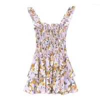 Casual Dresses PERHAPS U Strap Mini Dress Sexy Sleeveless Violet Floral Print Slash Neck Cascading Ruffle Beach D1984