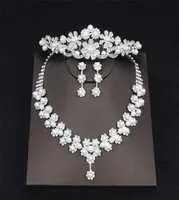 Дешевые жемчужины каплят страза Свадебные ювелирные украшения набор ожерелья корона Тиары Серьги для головного убора.