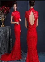 High Neck Red Mermiad Evening Dreses Sexy Lace Sleefes Chinois Style Vintage Long Prom Party DRESES3626155