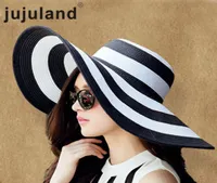 jujuland 2018 New Summer Female Sun Hats Visor Hat Big Brim Black White Striped Straw Hat Casual Outdoor Beach Caps For Women C1903770800