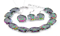 3pcs Lot Ring Earring Bracelets Jewelry SetsFashion Glary 925 Sterling Silver Oval Gemstone Jewelry Rainbow Mystic Topaz Jewelry1148297