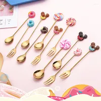 Ensembles de vaisselle Creative Cartoon Enfants en acier inoxydable Spoon Fork Lollipop Donut Macarone Dessert Fruit