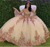 Rose Gold Sparkly Quinceanera Prom Dresses 2020 Modern Sweetheart Lace Applique Sequins Ball Gown Tulle Vintage Evening Party Swee8407380