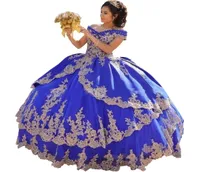 2022 Royal Blue Gold Applique Quinceanera Dresses Ball Hown Pufpy Off The Alwem для женщин Laceup Sweet 16 Prom Girls6912746