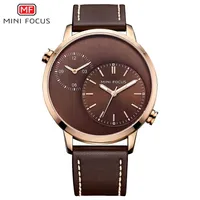 MINIFOCUS Mens Top Brand Busines Quartz-Watch Casual Dual Time Zone Man Genuine Leather Watch Fashion Watches Relogio Feminino217p