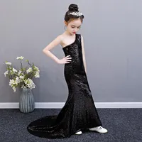 black sequin mermaid dress age for 3-14 yrs teenage girls one-shoulder vintage noble graduation gowns evening party kids frocks 20288V