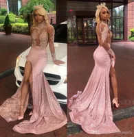 Long Sleeves High Neck Lace Mermaid Prom Dresses 2022 Pink Black Girls Lace Applique Split Backless Sweep Train Evening Gowns6137276