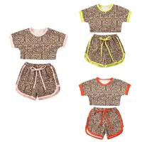 2Pcs Little Girls Kids Baby Outfit Sets Summer Leopard Print Pattern Short Sleeve Round Collar Short Top Casual Shorts Clothes262J