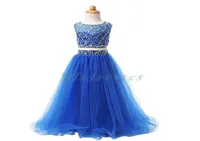 2017 New Royal Blue Tulle Girls Pageant Dresses Two Piece Floor Length Beading Flower Girl Dress Kids Prom Evening Gowns Formal Pa4834532