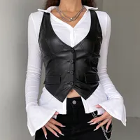 Women's Vests Xingqing y2k PU Leather Vest Vintage Aesthetic Women V Neck Sleeveless Button Tank Tops 2000s Dark Academia Tshirt Waistcoat 221122