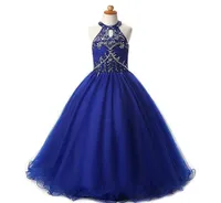 Modern Royal Blue Halter Girls Pageant Dresses 2022 Crystal kralen pailletten tule a line holle back Long Kids Formal Prom Dress6363708