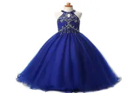 Modern Royal Blue Halter Girls Pageant Dresses 2022 Crystal kralen pailletten tule a line holle back Long Kids formal prom jurk3257598
