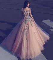 Arabic Ball Gown Evening Dresses Off Shoulder V Neck Full 3DFloral Appliques Beaded Floor Length Custom Made Prom Dress8846796