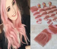 Brasilianische K￶rperwelle jungfr￤uliches menschliches Haar B￼ndel mit Spitzenverschluss Baby rosa Farbe unverarbeitete Remy Hair Webe -Verl￤ngerungen Rose Gold T1573400