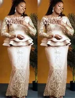 Aso Aso ebi Style Mermaid Dresses 2022 Pink Satin Long Sleeves Lace Plus Plus Size Assial Evening Victors Robe4868487