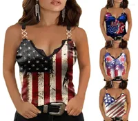 Women039s Tanks Woman Sleeveless Tank USA Flag Printed V Neck Lace Patchwork Chains Casual Vest Asia Size S5XL3946220