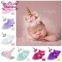 Nishine 0-2 Years Newborn Unicorn Horn Headbands Silk Bow Tutu Dress With Sandles Sets Kids Baby Po Shoot Children Birthday Gif2591