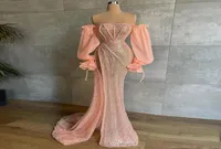 2022 Sparkly Sequin Beaded Formal Evening Dresses Long Luxury Mermaid Off Shoulder Long Sleeves Sexy High Slit Party Prom Gowns C09097798