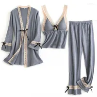 Ropa casera mujeres pijamas traje de algodón 3pcs sleepwear juego de sueño suave lingerir encaje adorno kimono bañera de baño sexy suelto