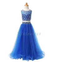 2017 New Royal Blue Tulle Girls Pageant Dresses Two Piece Floor Length Beading Flower Girl Dress Kids Prom Evening Gowns Formal Pa3649799