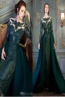 Modester Emerald Hunter Green Manga Longa Prom Vestidos formais com trem destacável Luxury Lace Lace Mermaid Evening Dress1364036