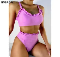 INGAGA High Waist Bikinis Ruffle Women039s Swimsuits Push Up Biquini Sexy High Cut Swimwear Bathing Suits 2021 New Beachwear5697179