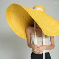 قبعات واسعة الحافة مخصصة 100 سم كبيرة الحجم قبعة الشاطئ للنساء الصفراء القش الطبيعي UV حماية قابلة للطي المنصة الفاخرة
