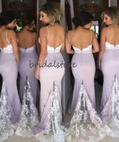 Spaghetti Straps Mermaid Bridesmaids Dresses Lilac Tight Sexy Backless Sweep Train Long Evening Prom Dresses Lace Bridemaid Dresse4530673