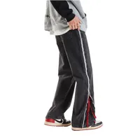 Pants Hip Hop Heavy Black Red Double Zipper Flare Jeans Washed Wide Denim Pant for Male